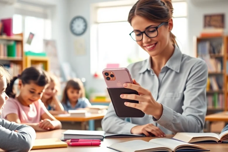 Lehrer zeigt die Handytasche Lehrer in einer lebhaften Klassenzimmerumgebung.