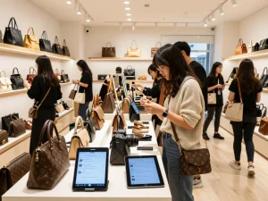 Engaging shopping experience at a 레플리카 쇼핑몰 showcasing stylish luxury replica handbags and shoes.