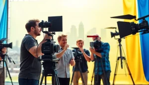 Edmonton production companies collaborating on dynamic film set with vibrant equipment.