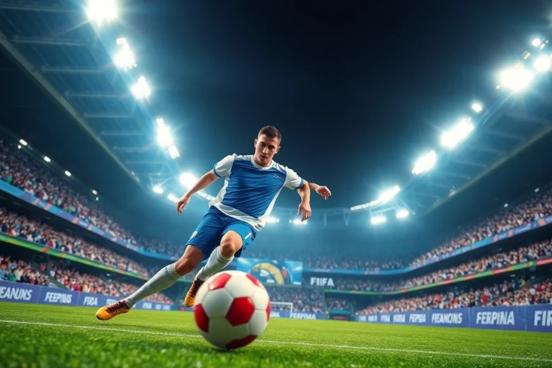 FIFA piłkarz dryblujący na boisku, intensywne światła stadionu w tle.