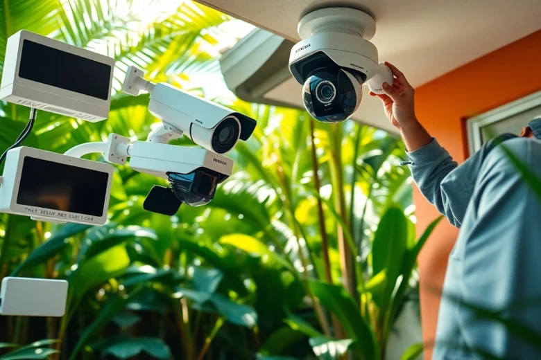 Instalación de cámaras de videovigilancia avanzadas por una empresa de seguridad en un entorno doméstico tropical