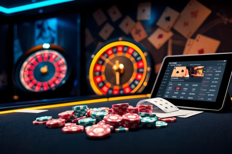 Visualisez l'excitation du casino en ligne français avec des éléments de jeu vibrants tels que la roulette, les jetons de poker et les bulletins de pari.