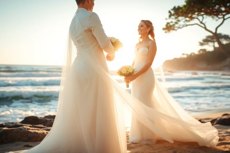 Carmel wedding photography capturing a couple's vows on a beautiful beach with sunset ambiance.