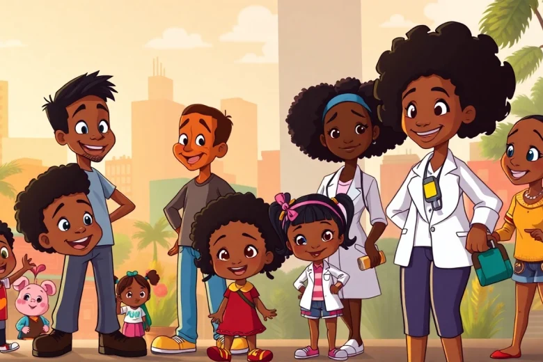 A colorful illustration of African American Cartoons featuring iconic characters like Huey and Riley from "The Boondocks," designed to inspire and represent diversity.