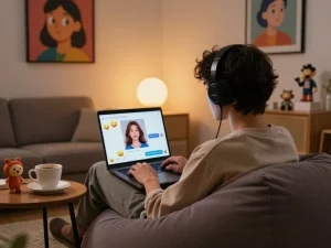 Person chatting with an AI girlfriend in a cozy virtual lounge.
