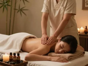 Relaxing home massage by maxim-anma.net therapist in soothing setting with essential oils and soft lighting.