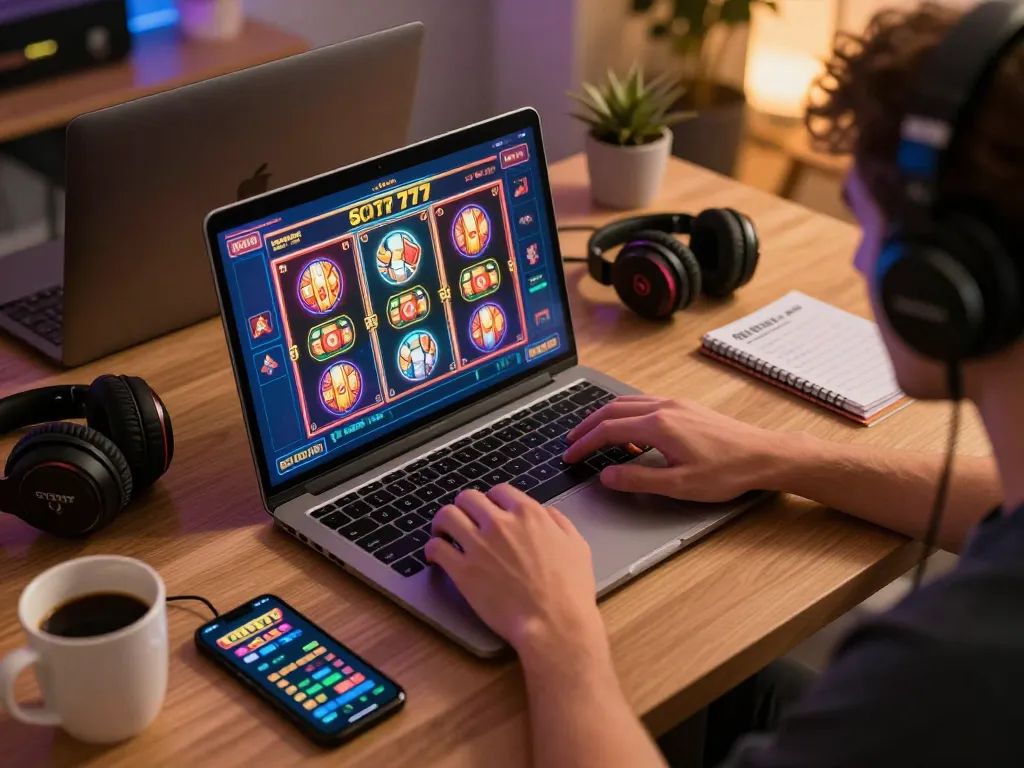 Engage with exciting slot777 games using advanced strategies in a cozy home gaming setup.