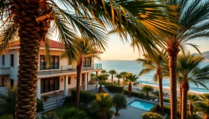View of stunning houses for sale in Alanya Turkey with beautiful beach backdrop.