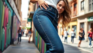 Model wearing trendy womens high rise jeans against a colorful urban backdrop.