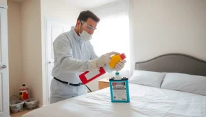 Technician conducts bed bug chemical treatment in a clean bedroom environment.
