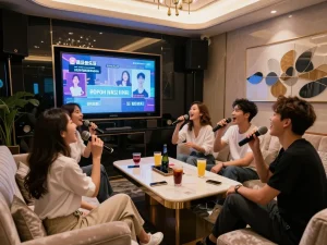 강남가라오케에서 즐거운 밤을 보내며, 친구들이 고급 가라오케룸에서 즐겁게 노래하고 있습니다.