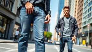 Stylish model showcasing mens modern fit jeans in a lively urban setting.