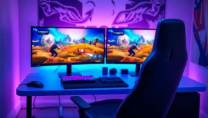 Engage with the Best Fortnite script through an immersive gaming setup featuring vibrant gameplay.
