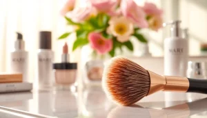 Applying makeup using a dense makeup brush with soft bristles on a chic vanity.