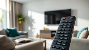 Fernbedienung TX-32 von Panasonic auf dem Tisch in einem modernen Wohnzimmer, perfekt inszeniert.