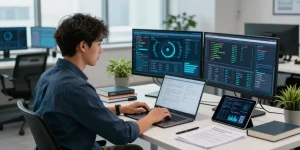Cybersecurity expert analyzing security protocols on shs-dome5.com in a modern tech office.