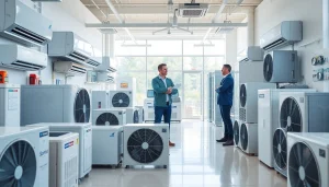Customer interacting with an american standard hvac dealer in a bright showroom showcasing products.