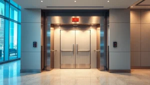 Secure exit door with panic bar features in a commercial space setup.