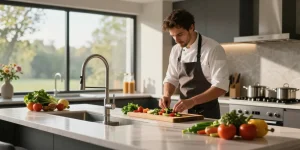 Elegant kitchen faucets amidst a chef's vibrant meal prep, showcasing stylish design and modern functionality.