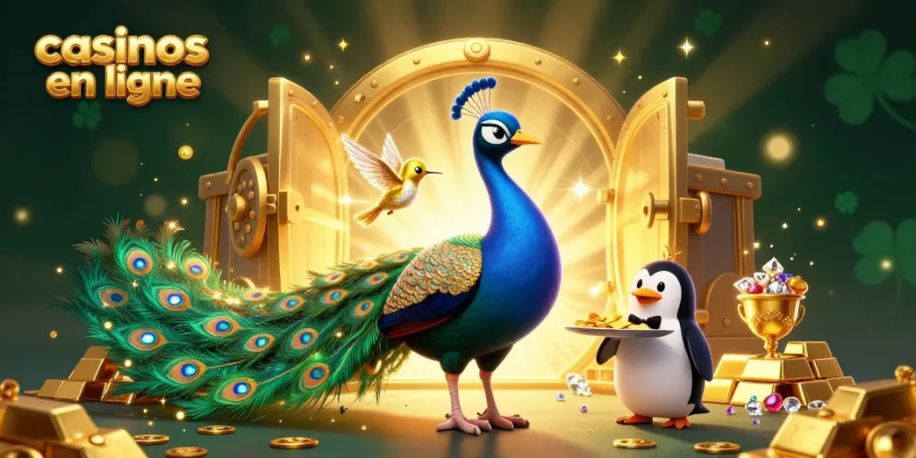 Profitez des casinos en ligne avec une illustration captivante de personnages animés et d'éléments de jeu scintillants.