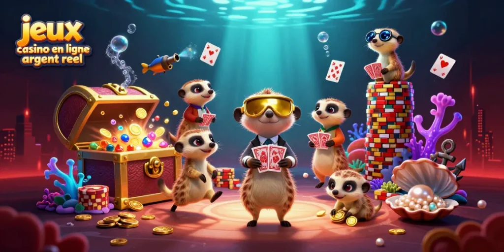 Jouez chez un casino en ligne argent réel avec des suricates animés gérant une opération ludique.
