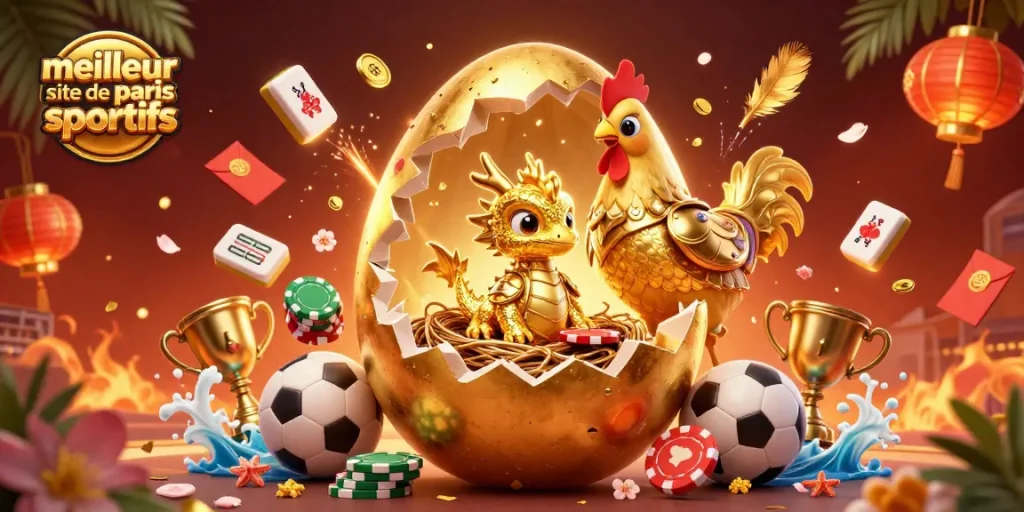 Illustration montrant le meilleur site de paris sportifs avec un dragon doré, des jetons de poker et des éléments de jeu.