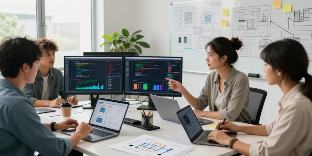 Custom CRM Development Services team collaborating in a modern office space, showcasing innovative design and teamwork.