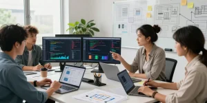 Custom CRM Development Services team collaborating in a modern office space, showcasing innovative design and teamwork.